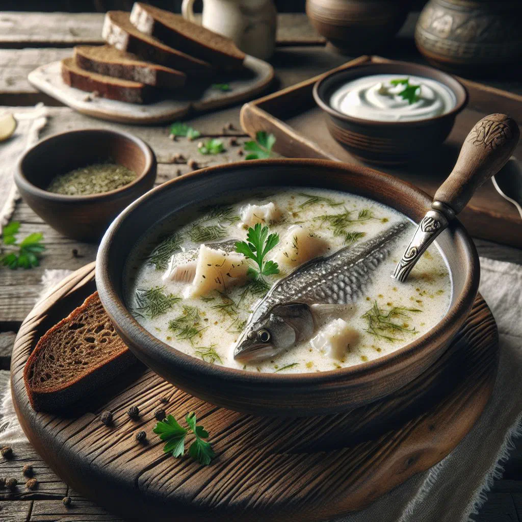 A bowl of clear sterlet soup garnished with fresh dill and a wedge of lemon
