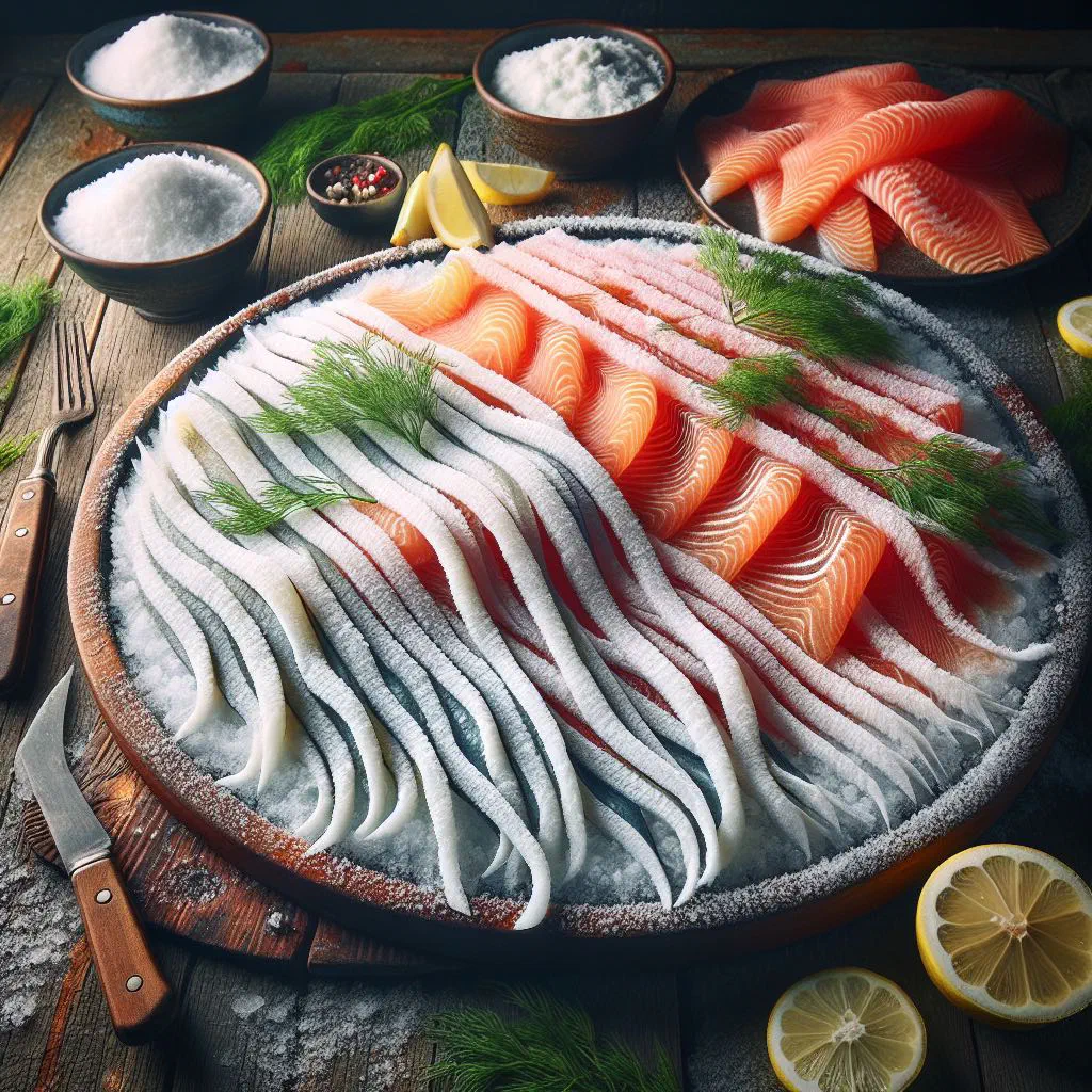 Thin shavings of frozen raw fish arranged on a plate with onion rings and horseradish