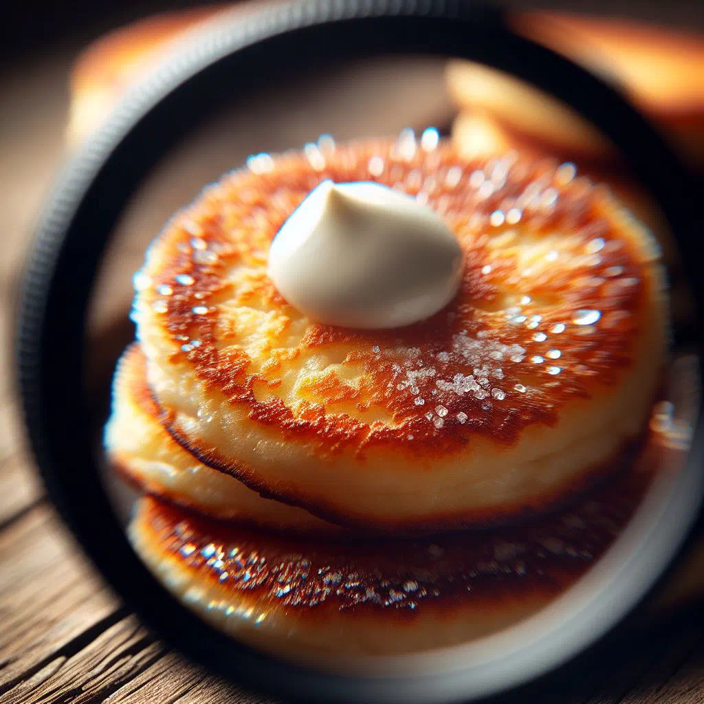 Golden syrniki quark pancakes dusted with icing sugar and topped with sour cream and berries