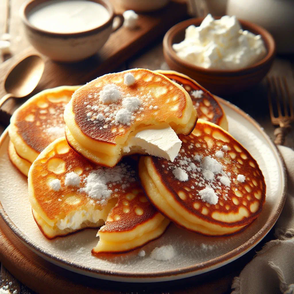 Golden syrniki quark pancakes dusted with icing sugar and served with jam