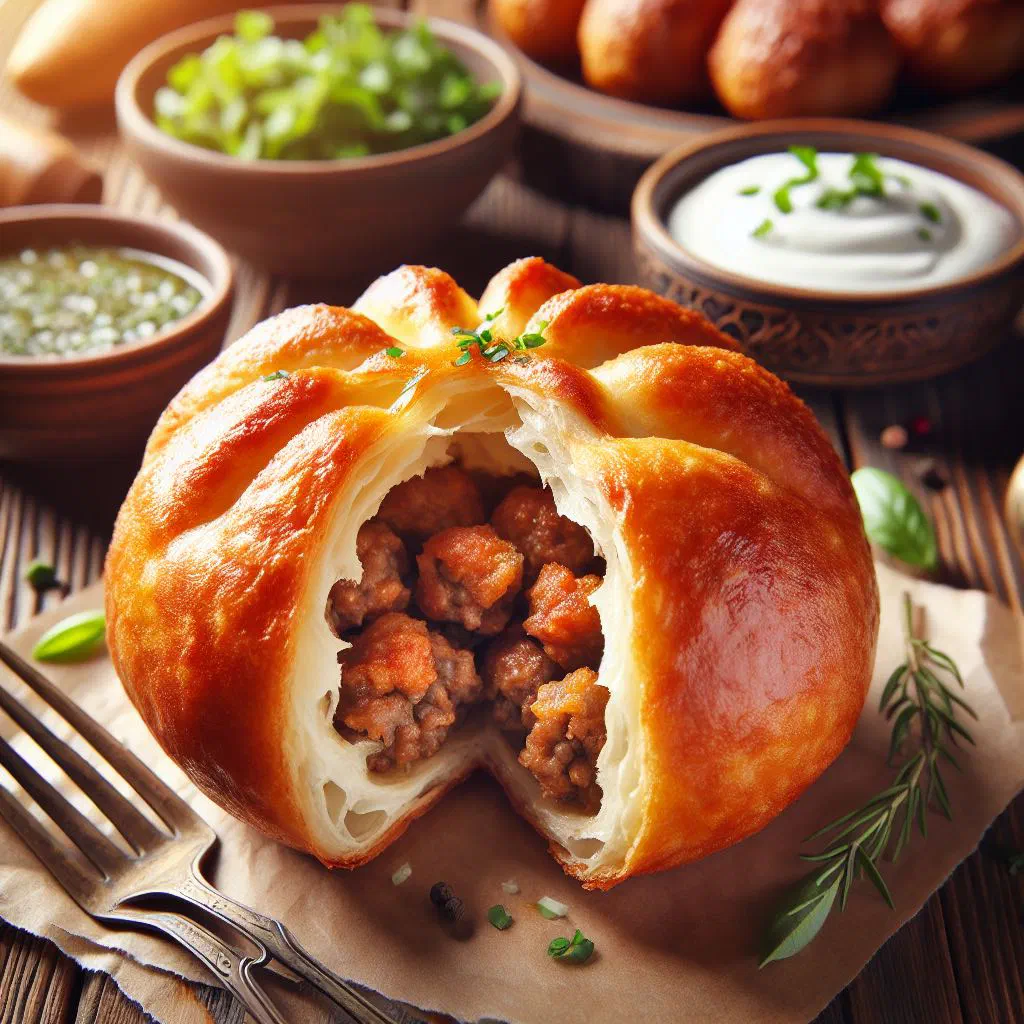 Golden fried Tatar peremech meat pastries on a wooden board