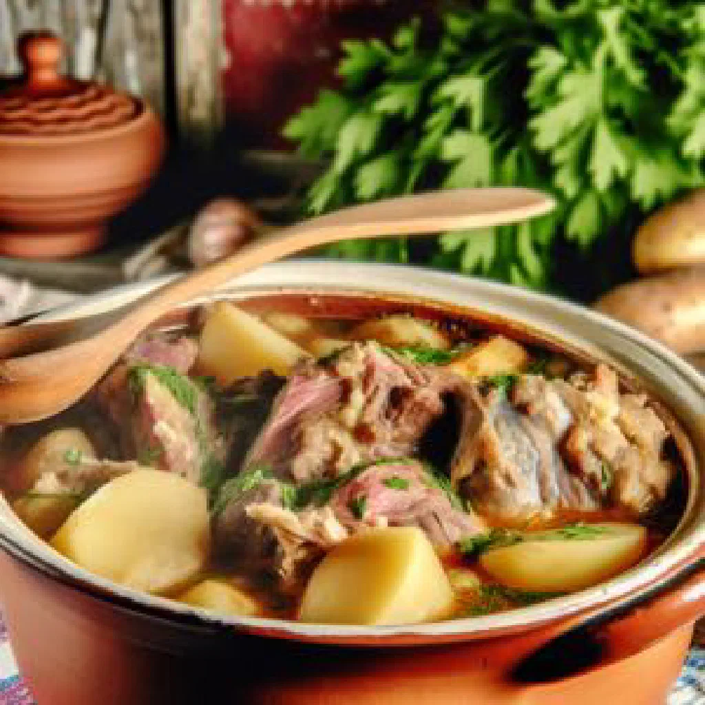 A bowl of hearty Tschaudar soup garnished with fresh herbs