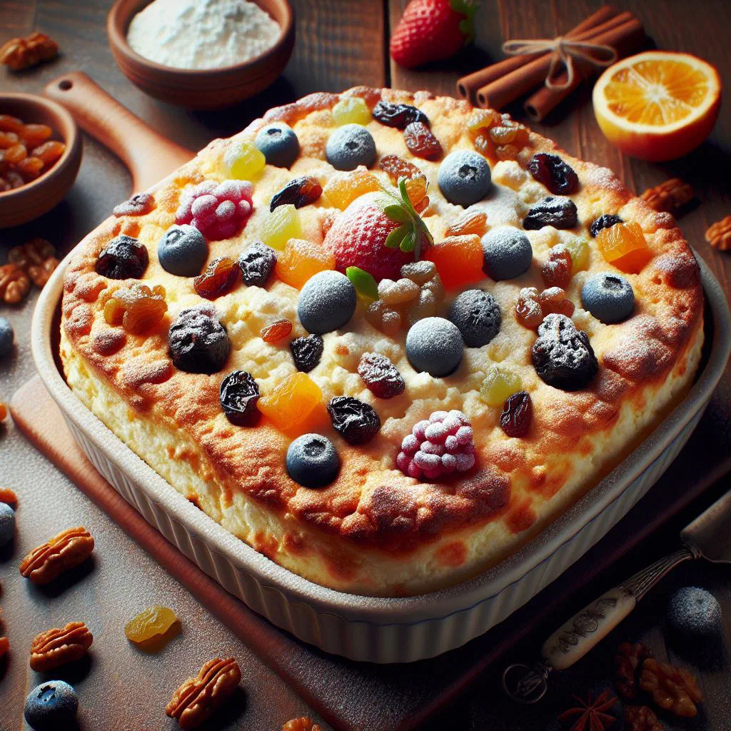 Golden baked tvorog cheese bake dusted with icing sugar