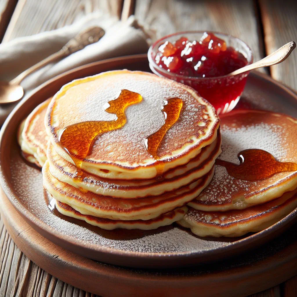 Stack of golden tvorog pancakes topped with fresh berries and honey