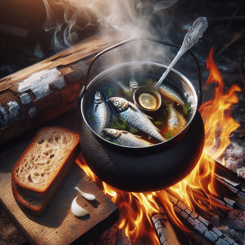 Bowl of Karelian-style ukha fish soup with potatoes and fresh parsley