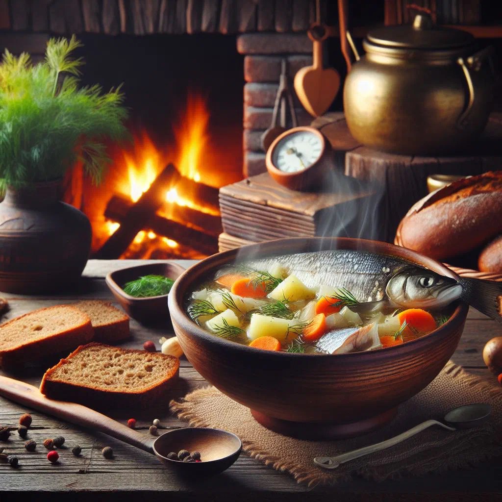 A rustic bowl of golden Russian ukha fish soup garnished with fresh dill