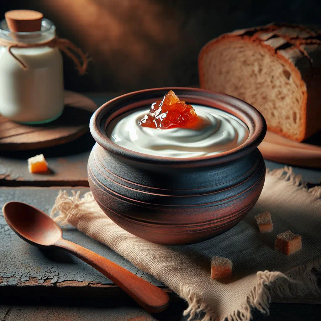 A bowl of creamy varenets topped with honey and fresh berries