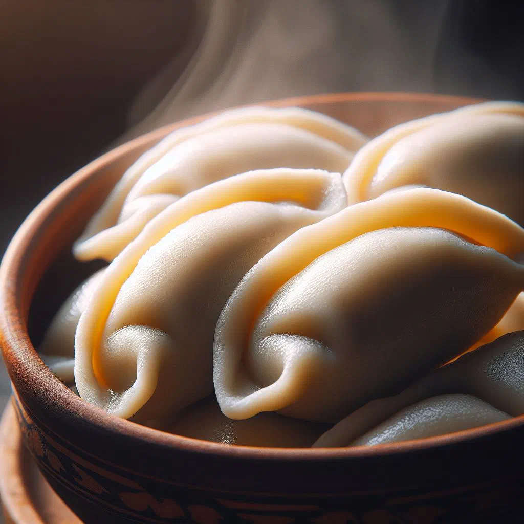 Boiled vareniki dumplings topped with melted butter and a dollop of sour cream
