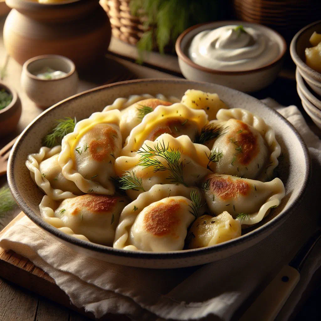 Potato vareniki on a plate topped with melted butter and fresh dill