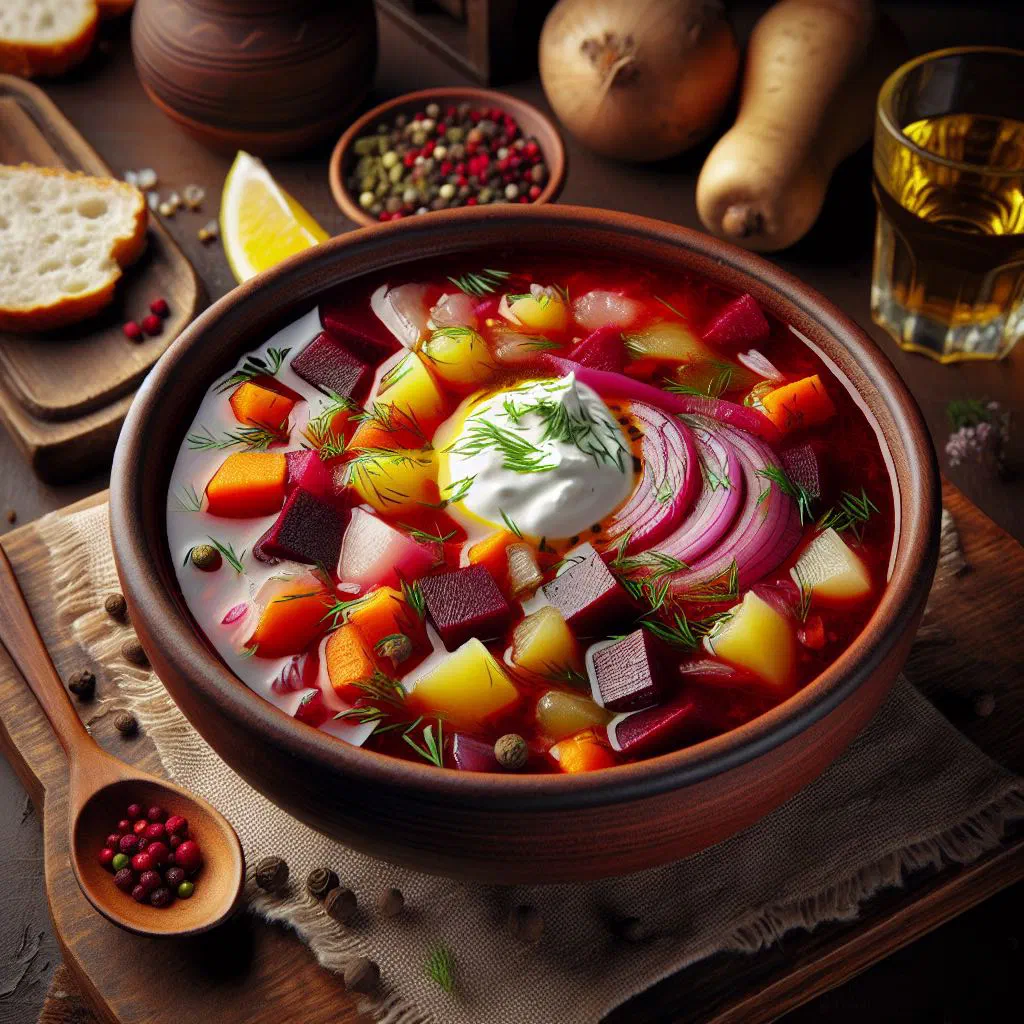 Deep red bowl of Volgograd borscht topped with sour cream and fresh dill