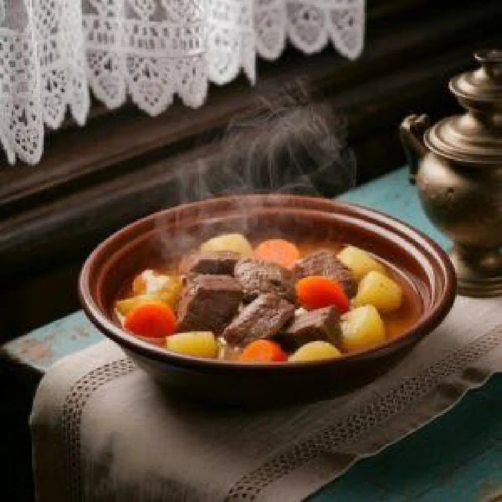 Hearty Russian zharkoye stew with tender beef, potatoes and carrots