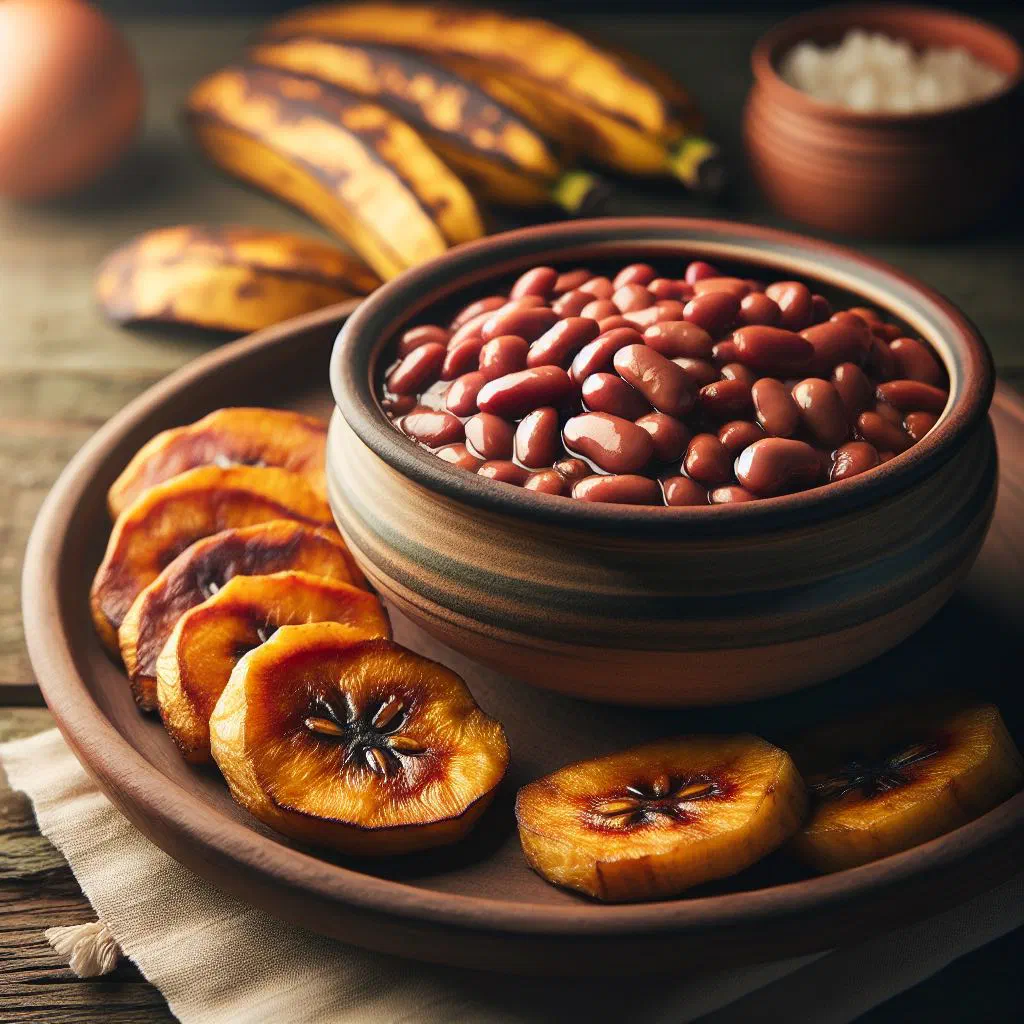 Bowl of Rwandan beans and plantains with onion and herbs