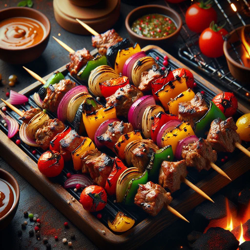 Grilled Rwandan brochettes on skewers served with fresh salad and lemon wedges