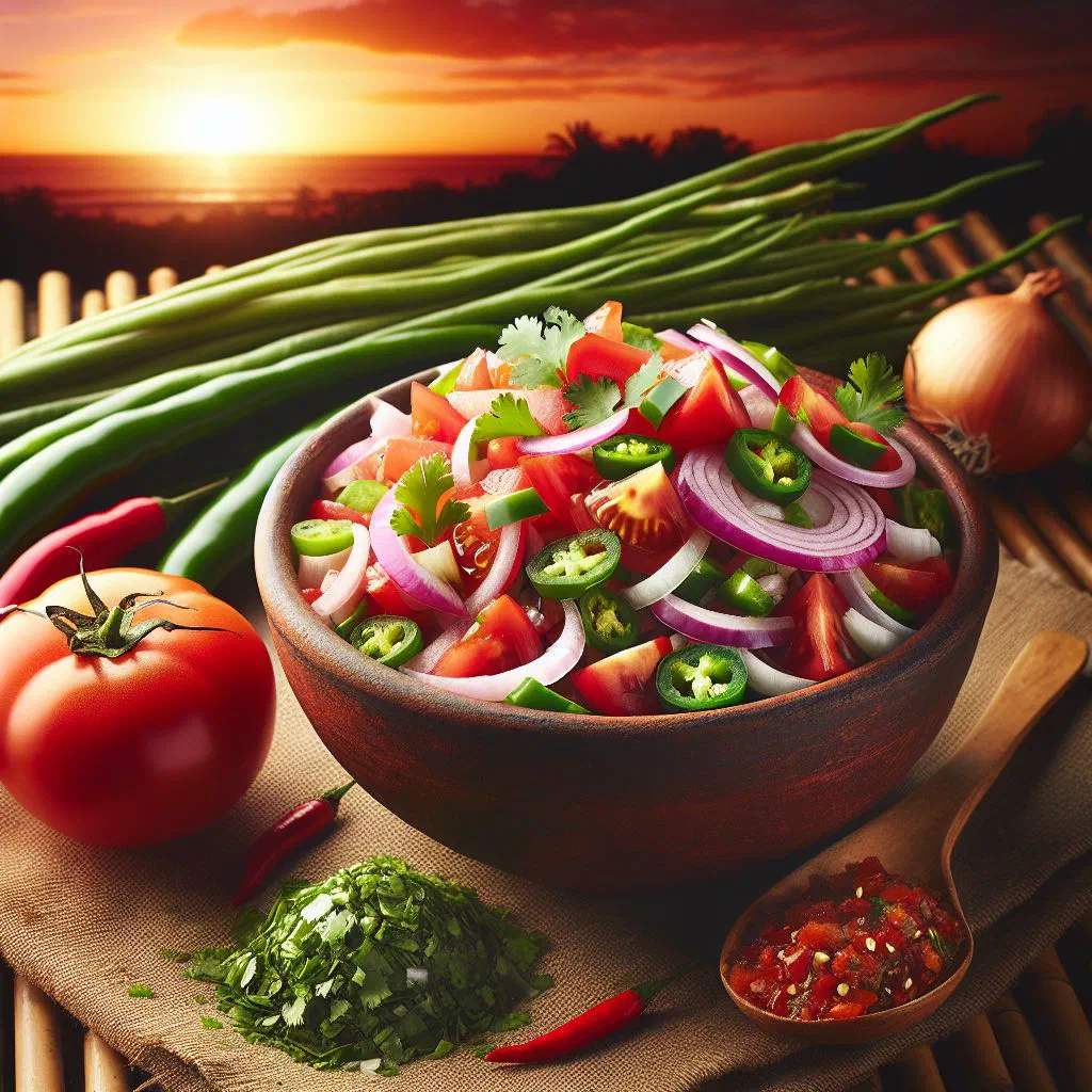 A colourful bowl of kachumbari with diced tomatoes, onions and peppers