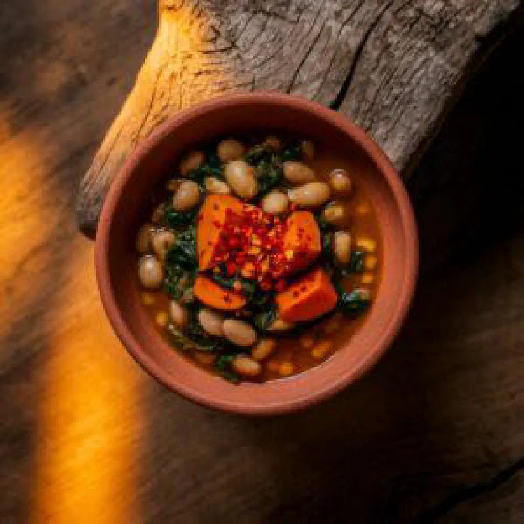 A bowl of Rwandan ndamu, a hearty black bean stew with onions
