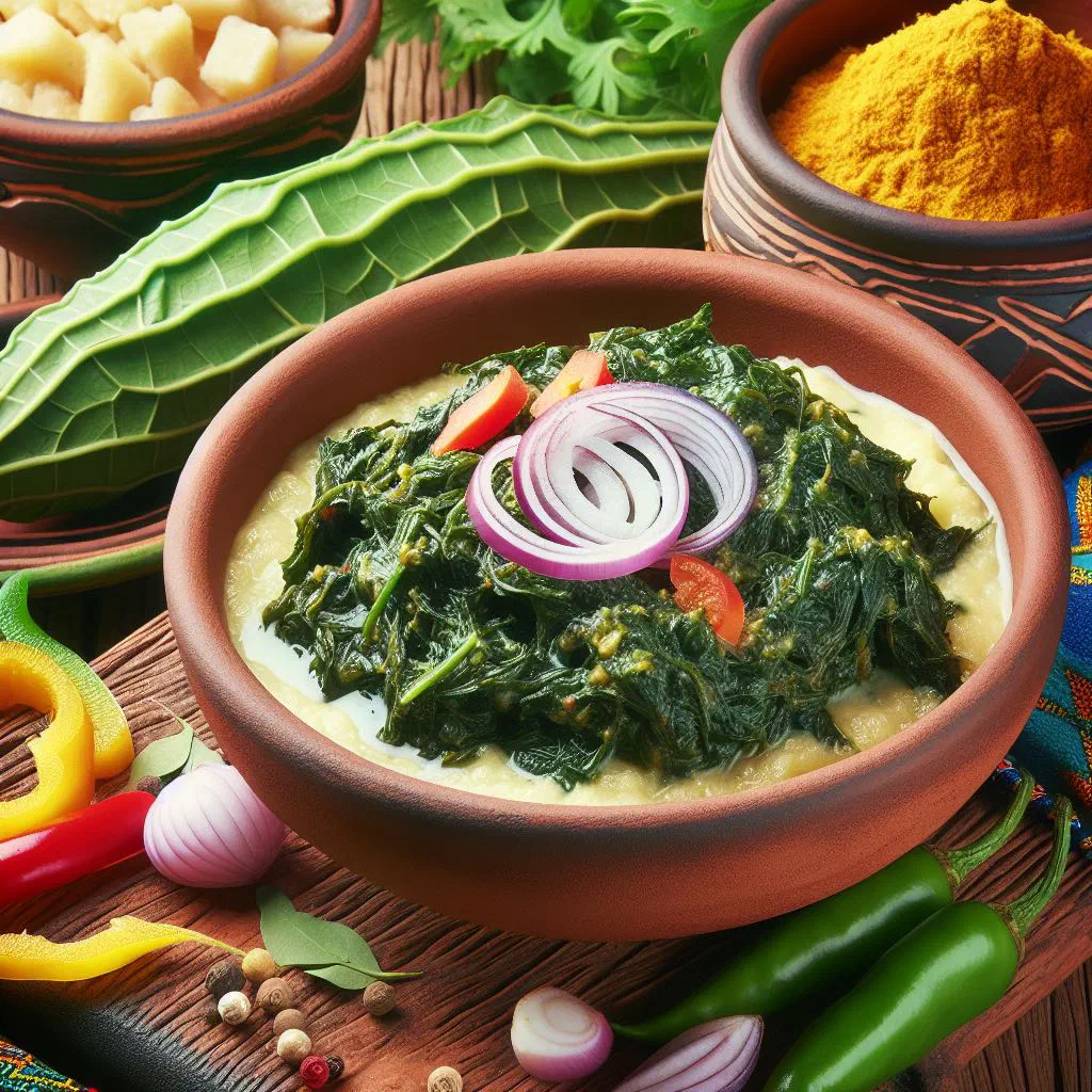 Bowl of Rwandan sombe made with leafy greens, beans and groundnuts