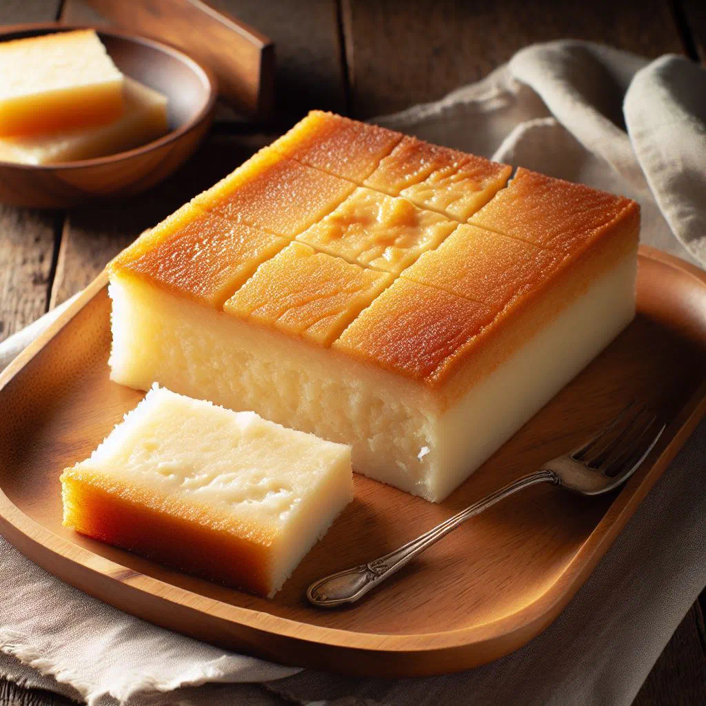 Golden baked Samoan cassava cake sliced into squares