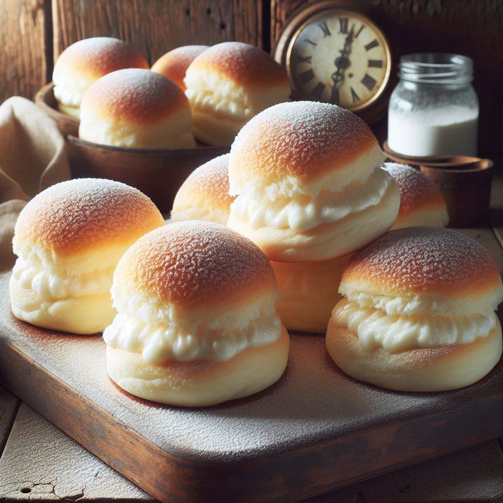 Soft baked coconut cream buns dusted with shredded coconut