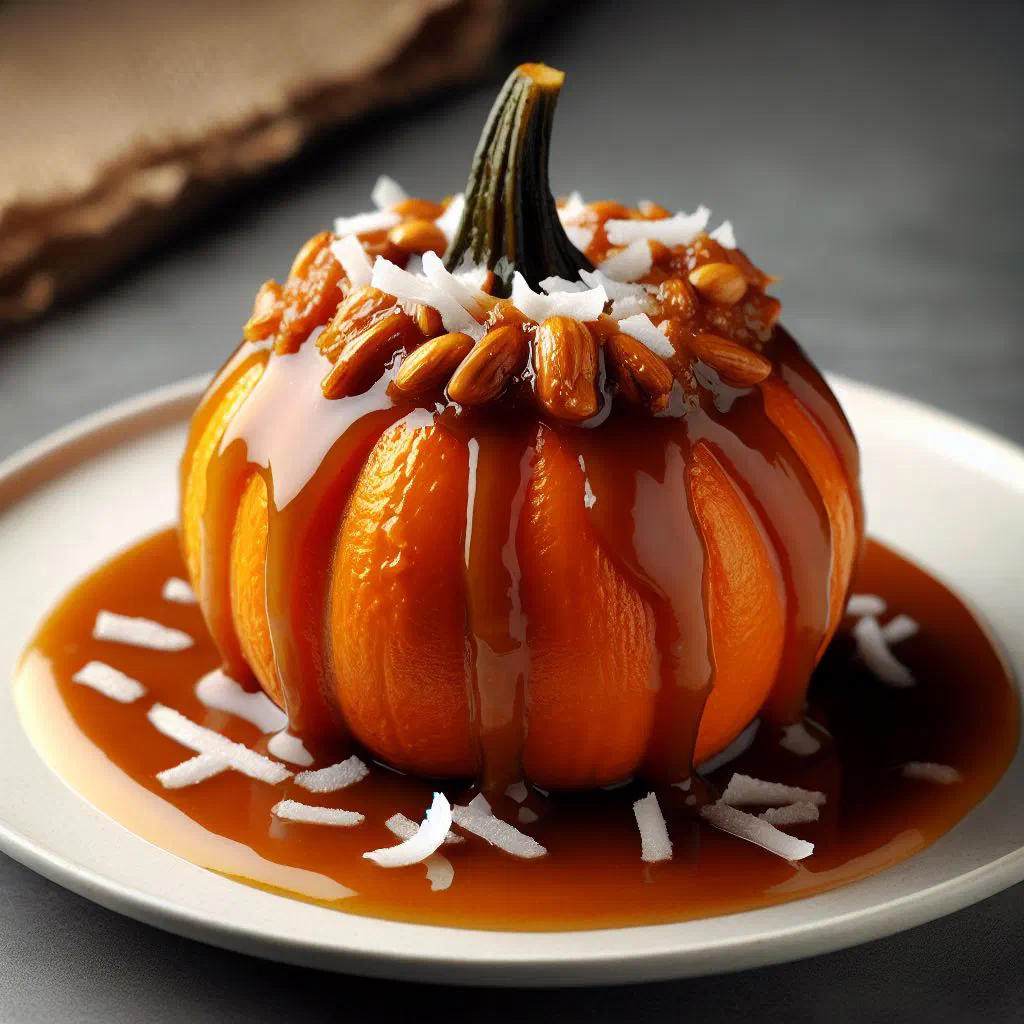 Golden baked Samoan fausi pumpkin dessert topped with coconut caramel