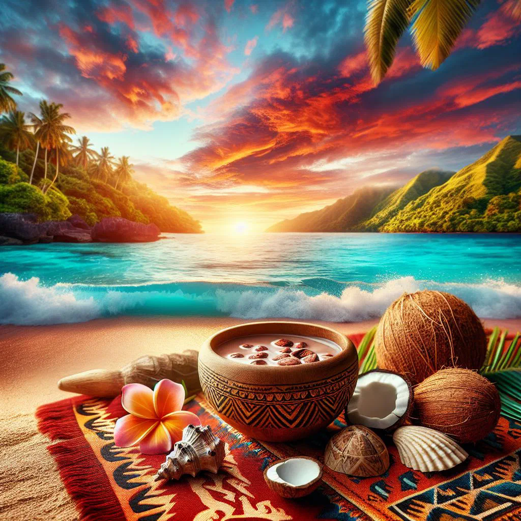 A steaming cup of Koko Samoan chocolate drink made with cocoa and coconut milk