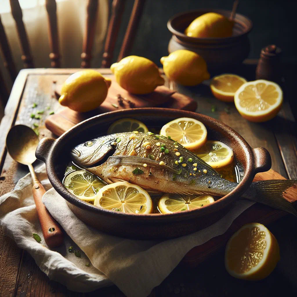 Lemon-marinated fish garnished with fresh herbs and lemon slices