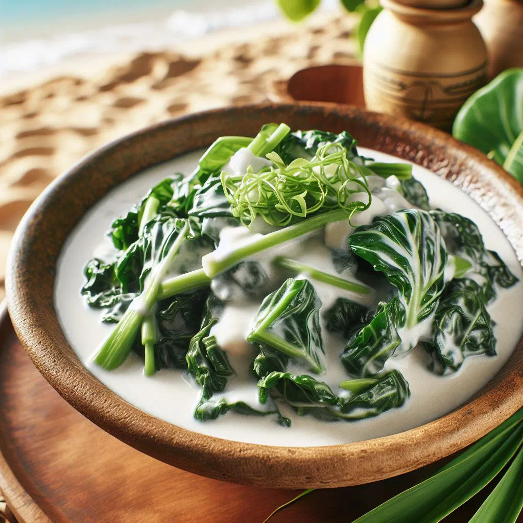 Braised taro leaves in creamy coconut sauce served in a bowl
