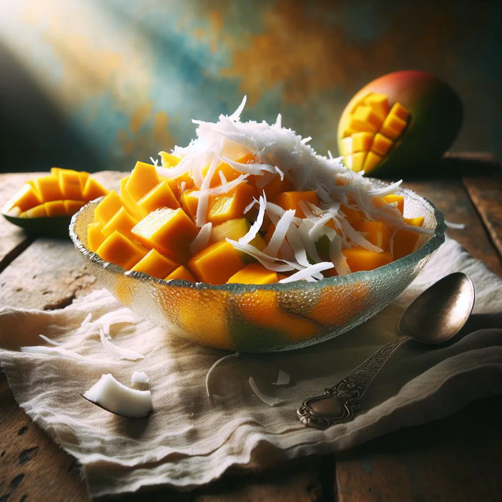 Fresh mango and coconut salad garnished with mint leaves