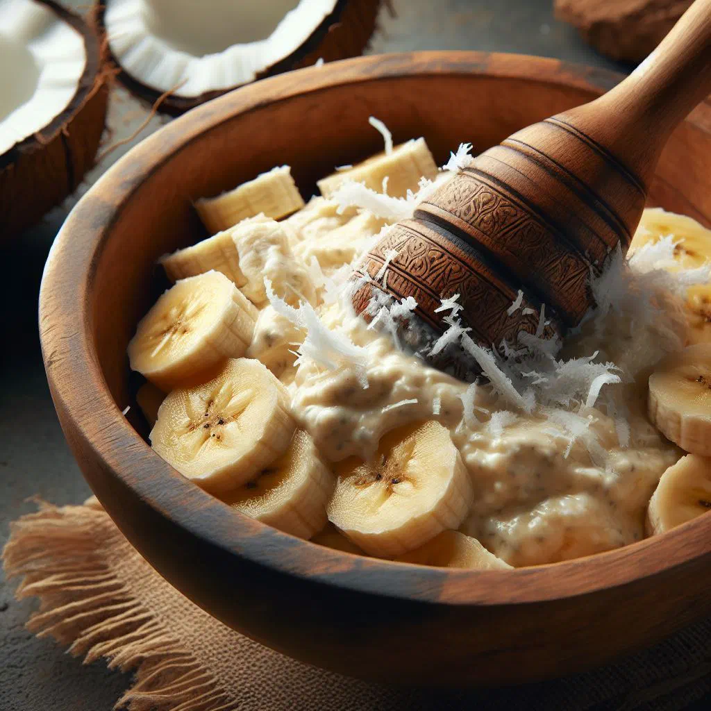 Bowl of mashed banana with fresh grated coconut
