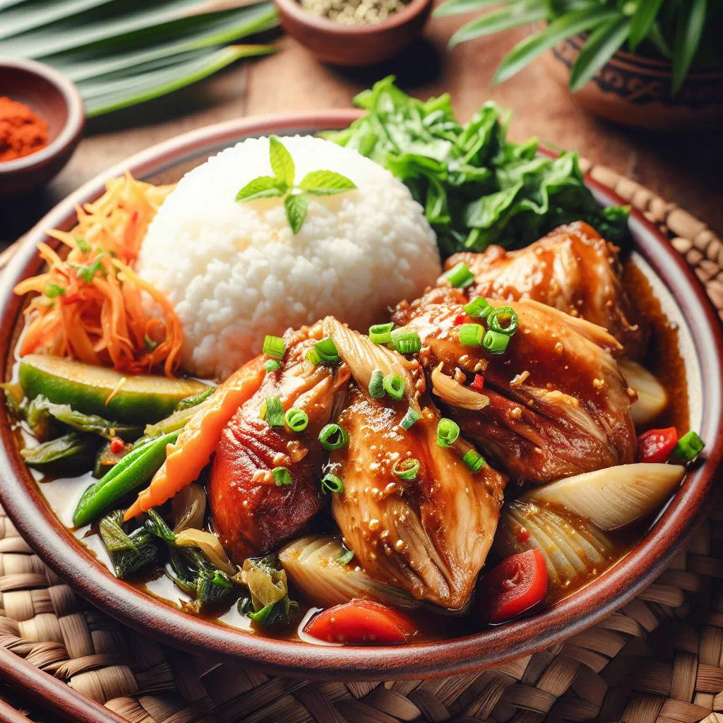 Samoan Moa Samoa chicken with peppers and fresh herbs on a plate