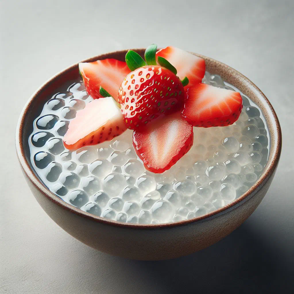 Creamy Samoan pisua tapioca dessert topped with fresh mango