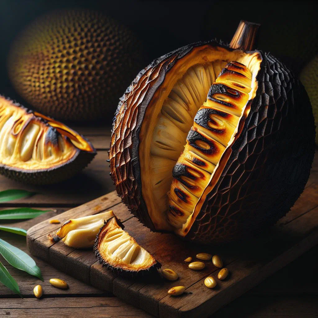 Roasted breadfruit with golden-brown skin, sliced open to show the tender flesh