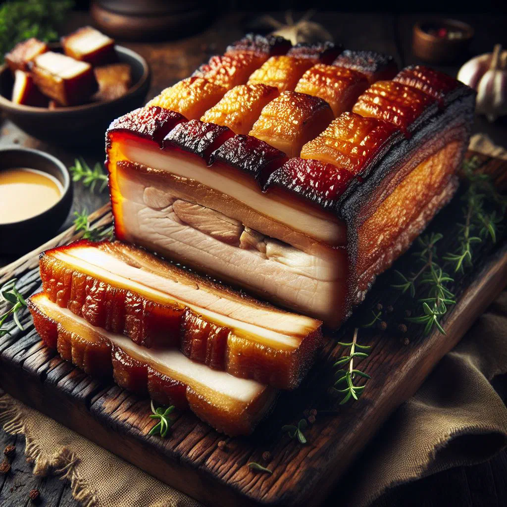 Sliced roasted pork belly with crisp crackling and fresh herbs