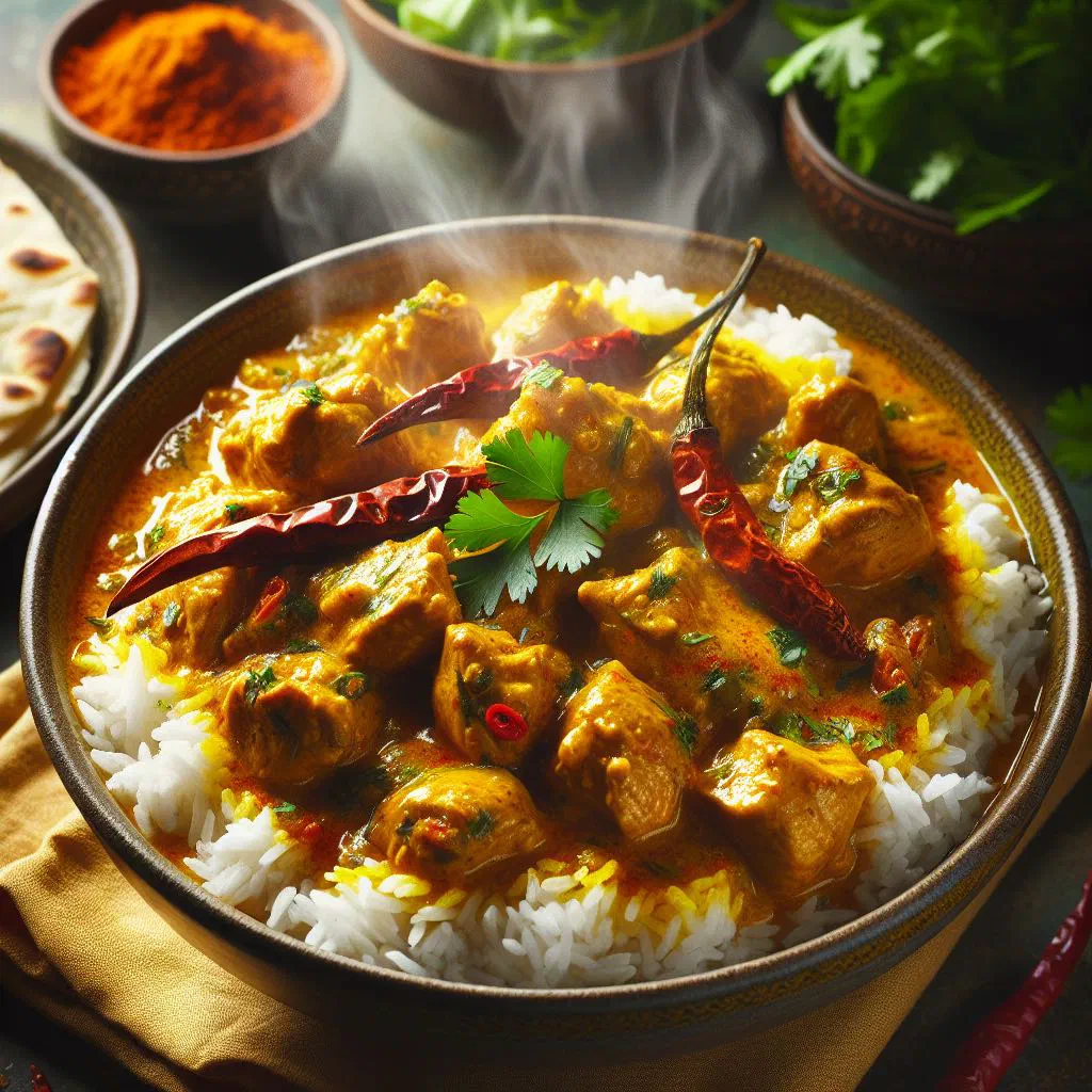 Samoan chicken curry in creamy coconut sauce garnished with fresh coriander