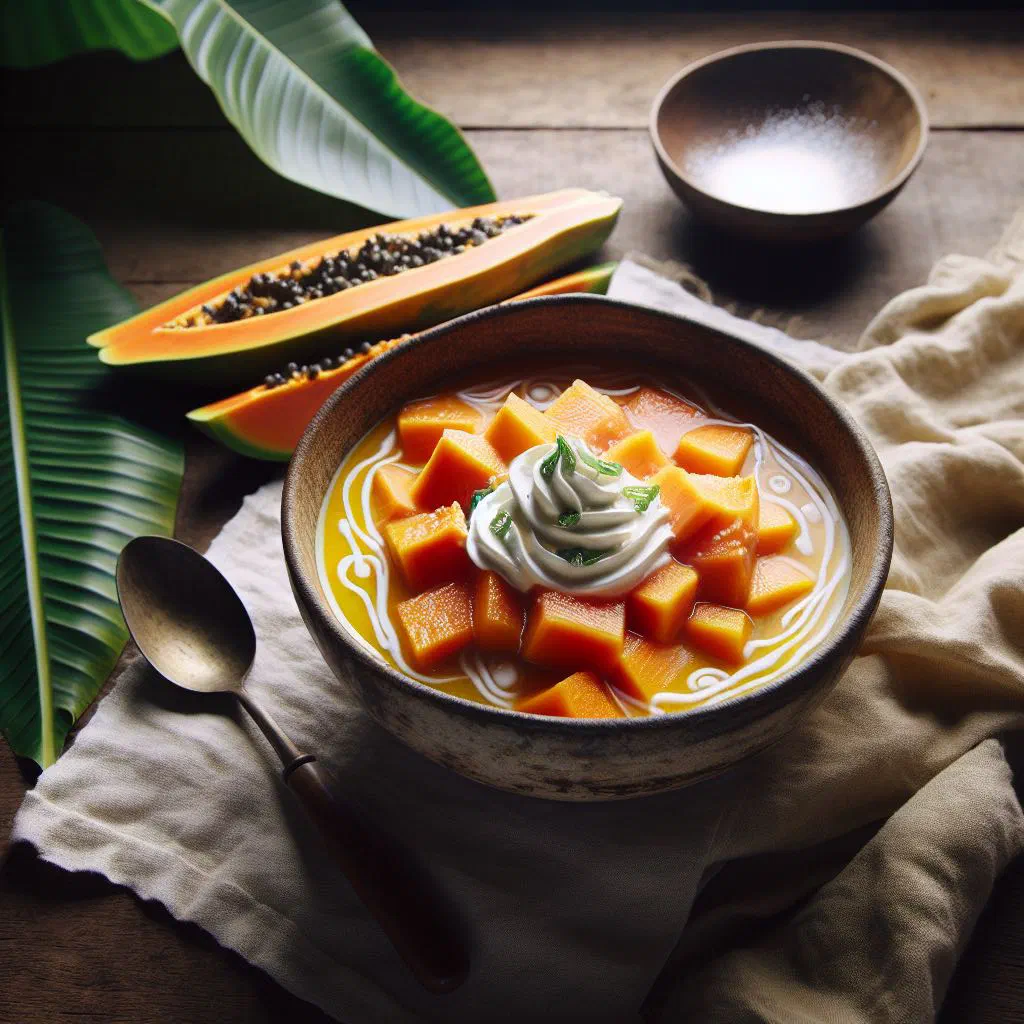 Bowl of creamy Samoan papaya soup garnished with fresh herbs and lime