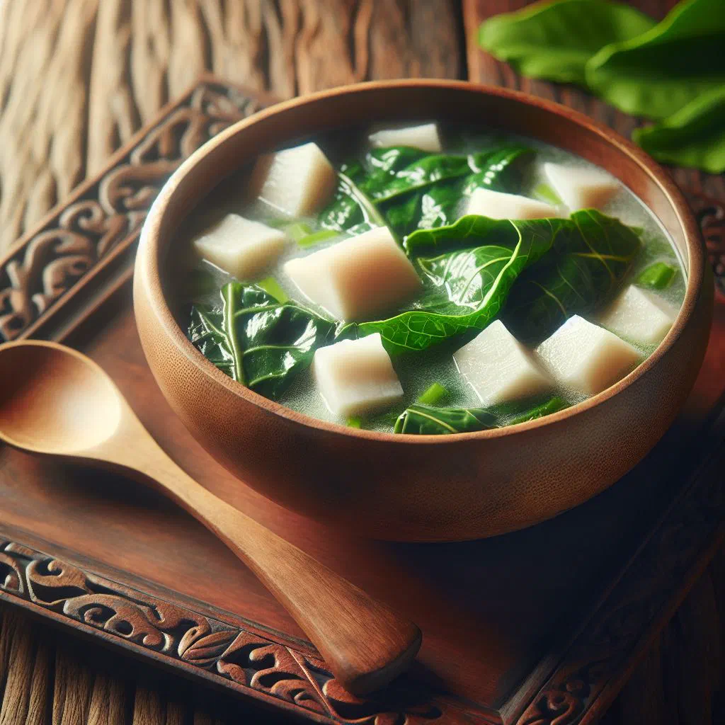 Creamy taro leaf and coconut soup garnished with fresh coriander