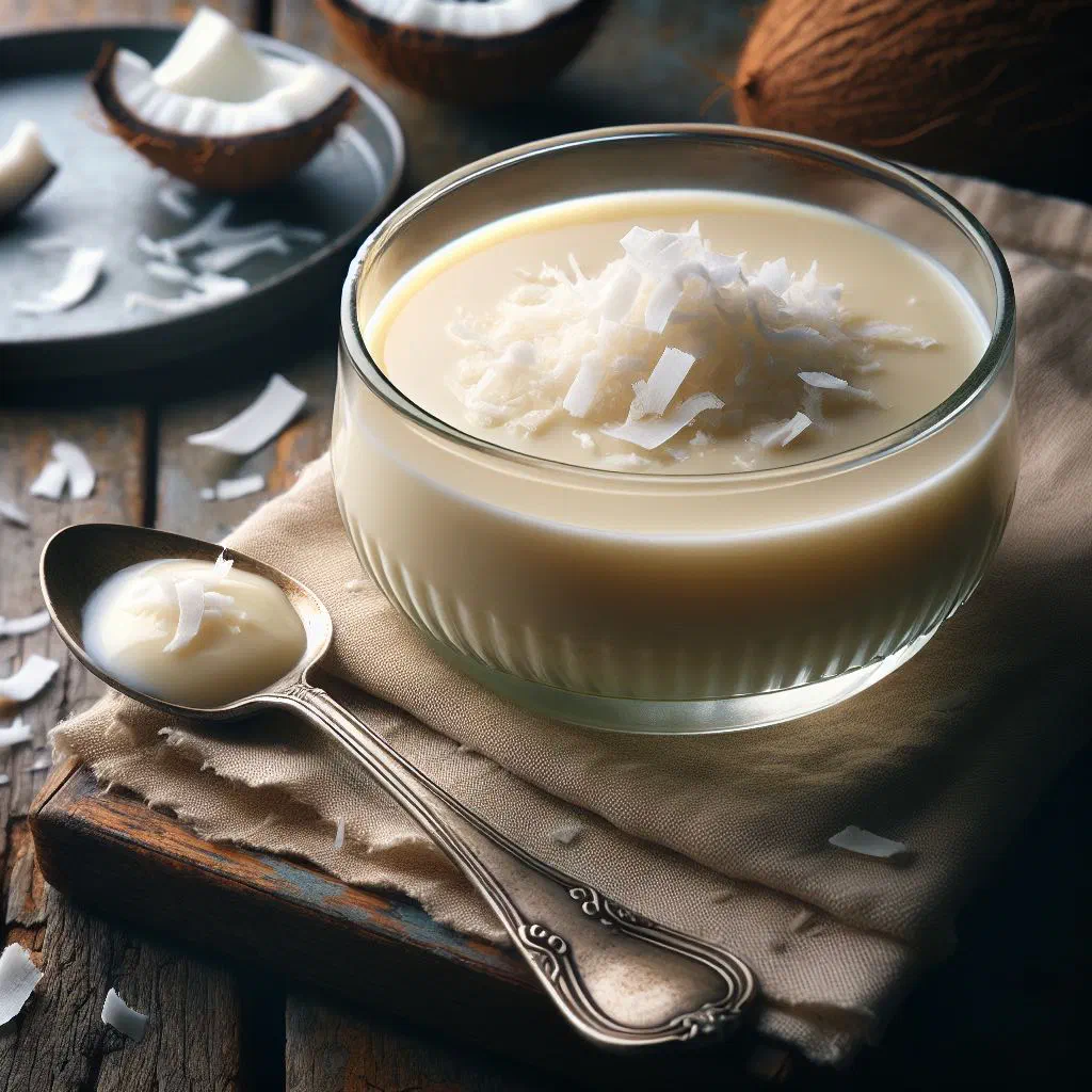 Creamy vanilla coconut pudding topped with fresh coconut shavings