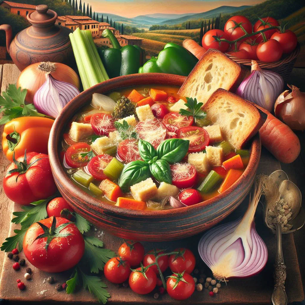 A bowl of acquacotta vegetable soup served with toasted bread
