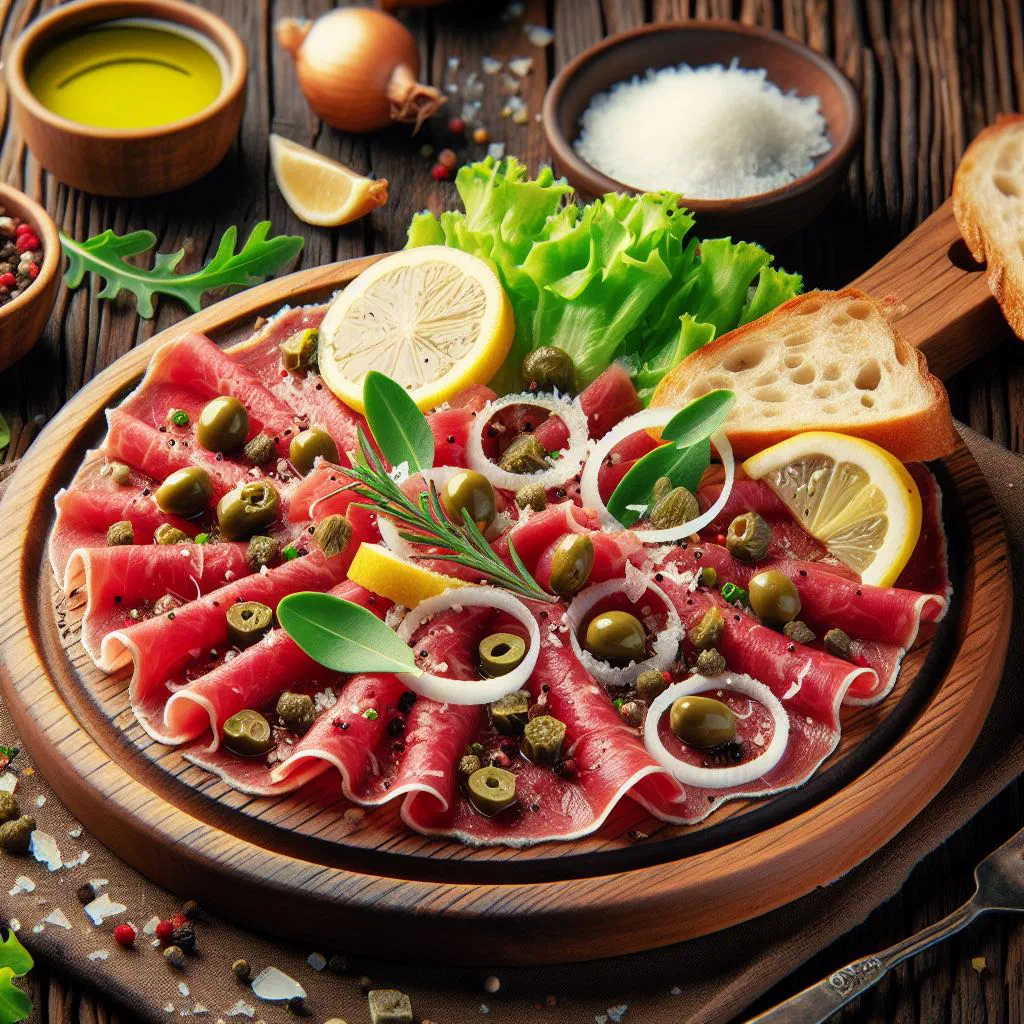 Thinly sliced beef carpaccio topped with shaved parmesan and rocket