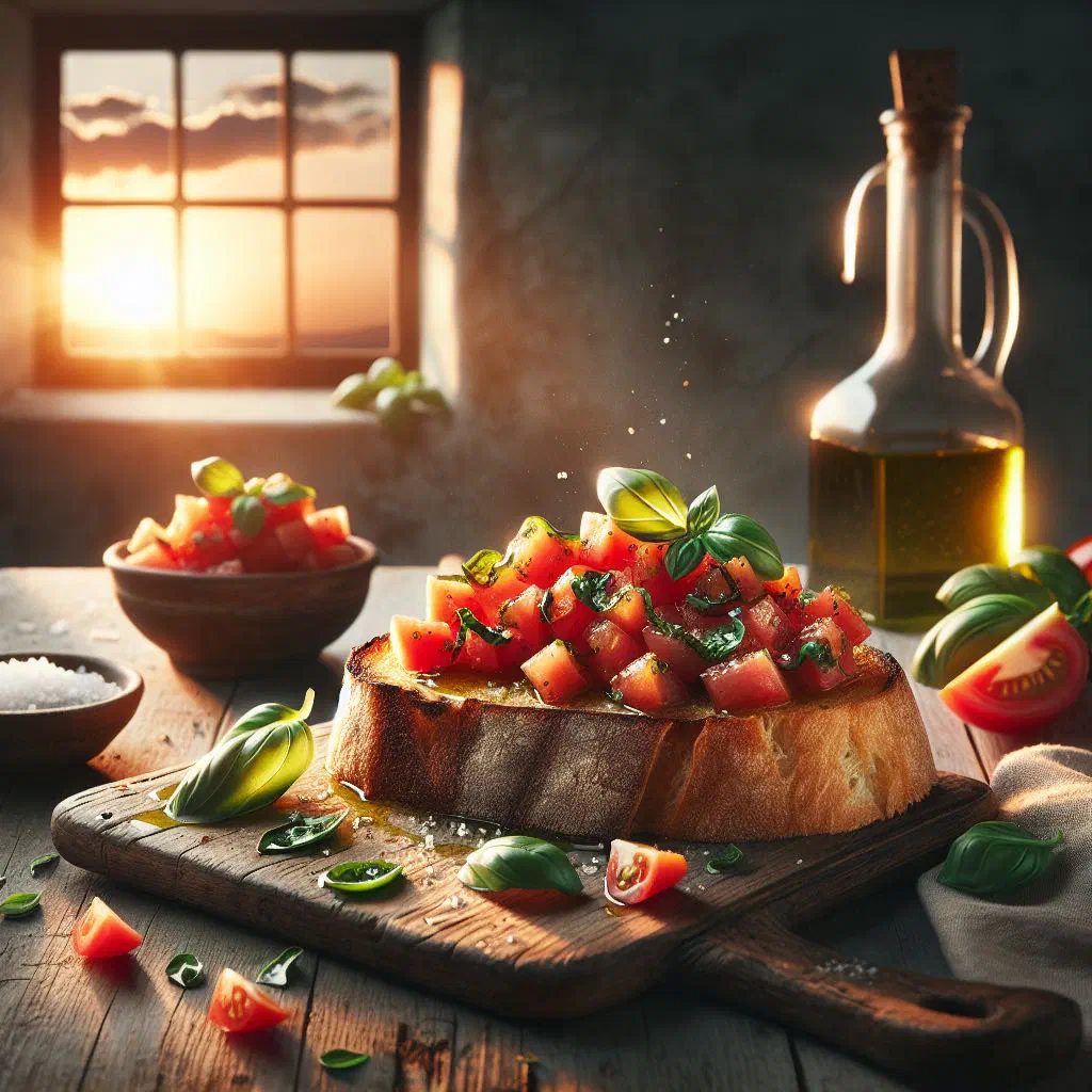 Toasted bread topped with fresh diced tomatoes and basil