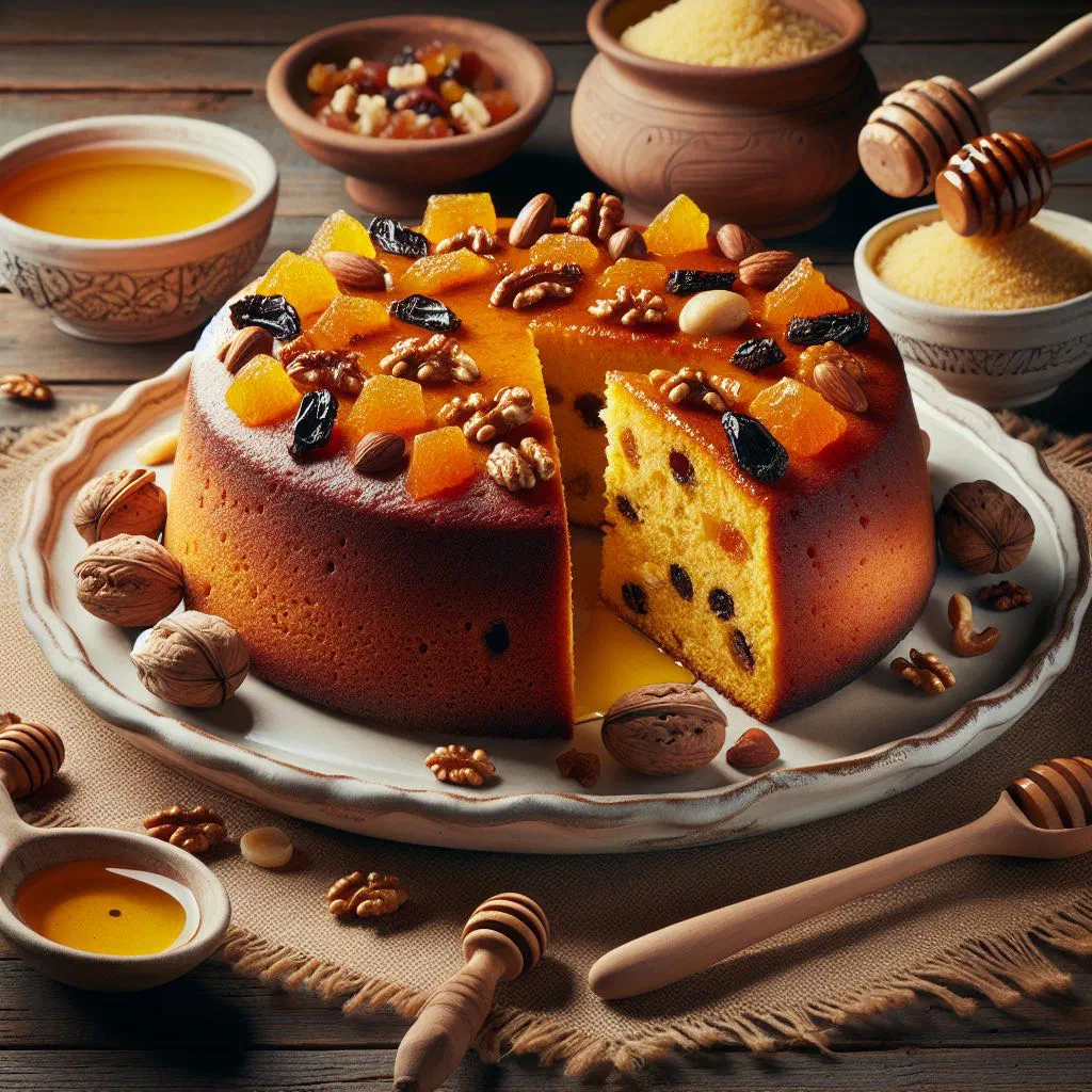 A rustic slice of bustrengo cake studded with apples, raisins and nuts