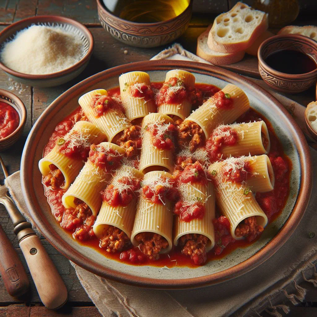 Baked cannelloni di carne in tomato sauce topped with melted cheese