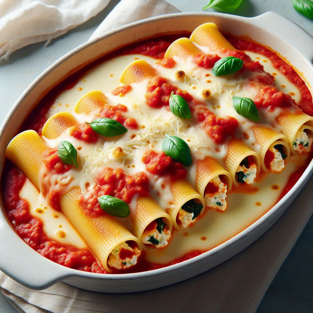 Baked cannelloni ripieni topped with tomato sauce and golden Parmesan