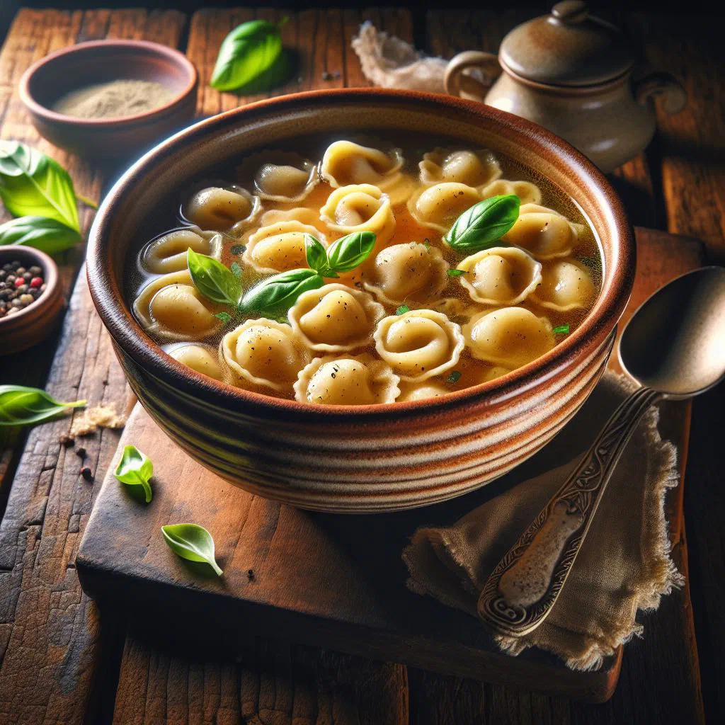 Small filled cappelletti pasta floating in a clear golden broth