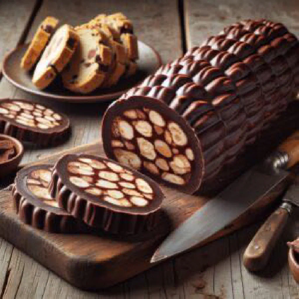 Sliced chocolate salami dusted with icing sugar on a plate