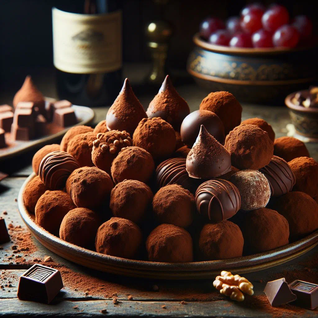 Chocolate truffles dusted with cocoa powder on a serving plate
