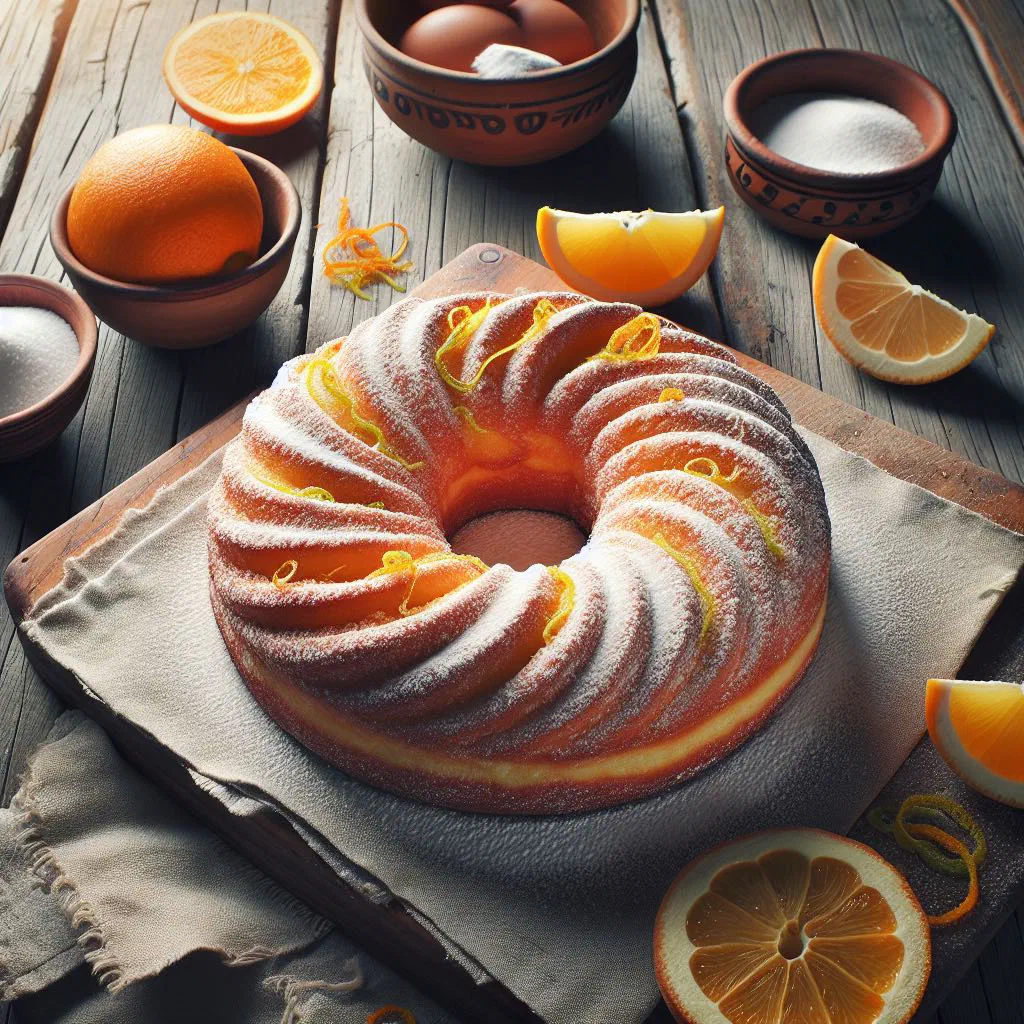 Golden ring-shaped Ciambella Romagnola dusted with sugar