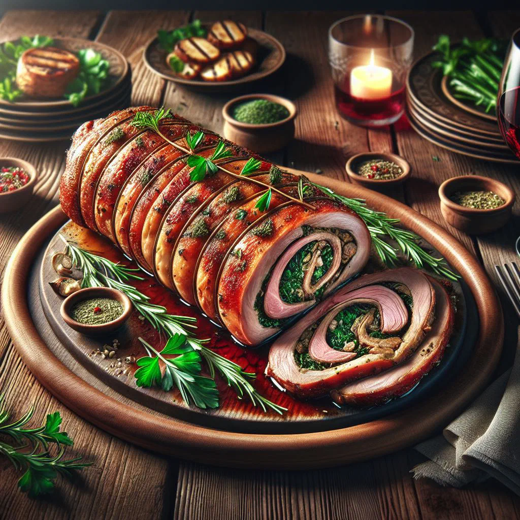 Herb-roasted rabbit with rosemary, sage and lemon on a wooden board