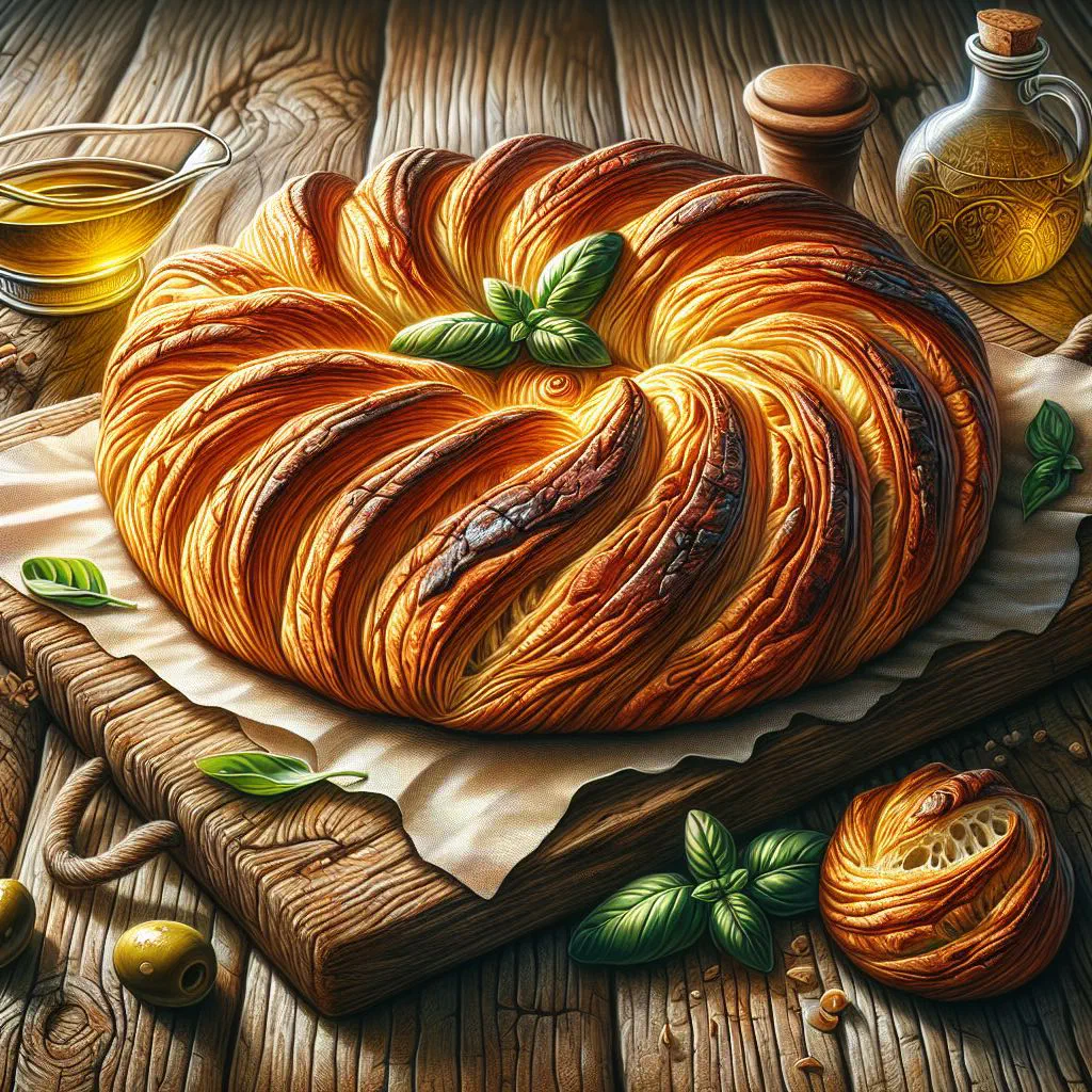 Golden, flaky Crescia Sfogliata flatbread cut into wedges