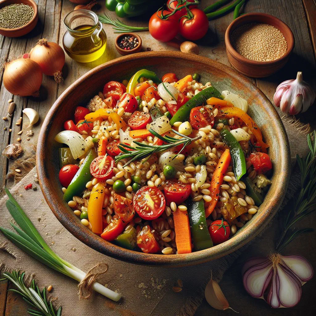 Bowl of farro with tomatoes, rocket and grated parmesan