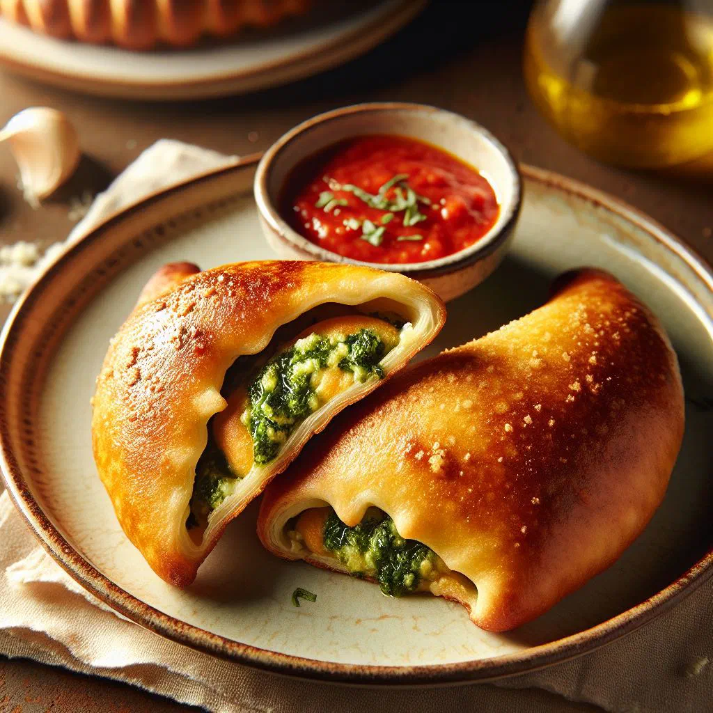 Golden filled crescioni parcels with spinach and ricotta on a plate